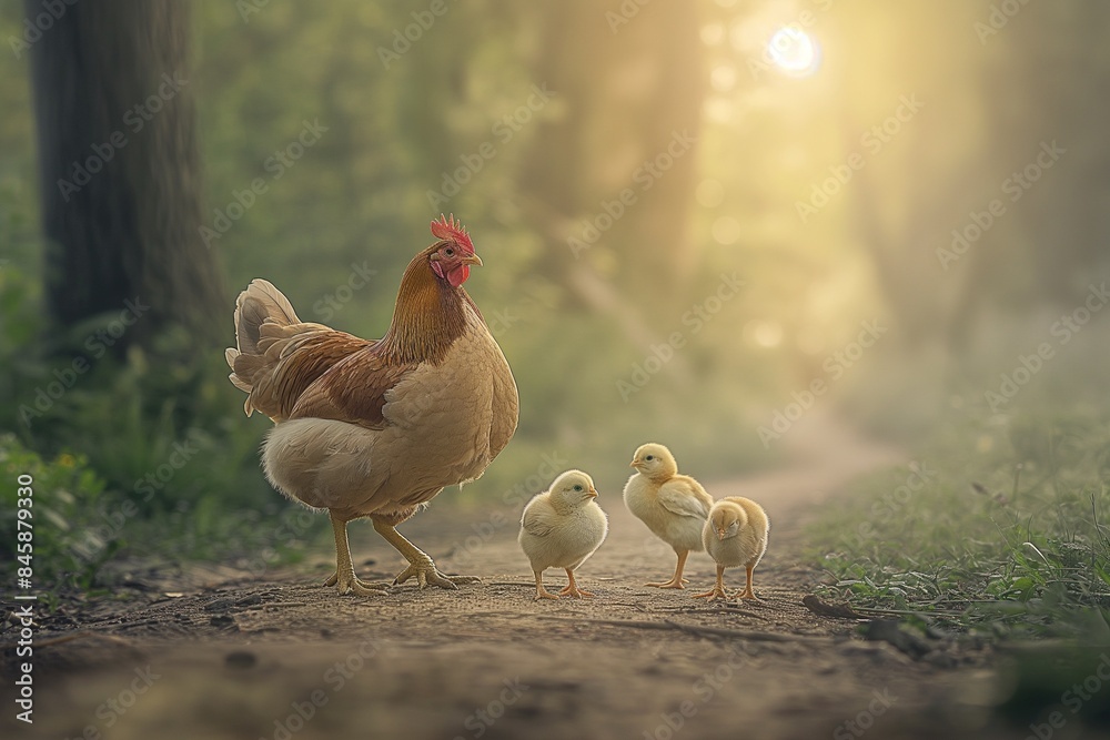 Fototapeta premium A photo of a mother hen with her chicks on a farm, with a soft misty background.