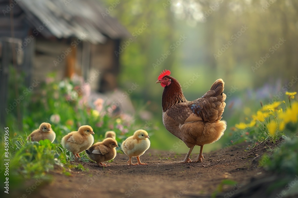 Fototapeta premium A photo of a mother hen with her chicks on a farm, with a soft misty background.