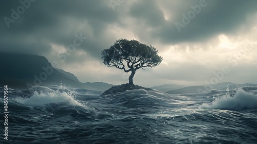 The concept of resilience portrayed by a lone tree standing tall amidst a stormy sea
