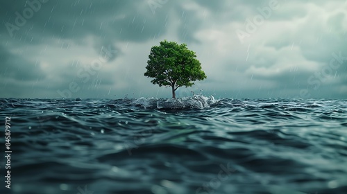 The concept of resilience portrayed by a lone tree standing tall amidst a stormy sea
