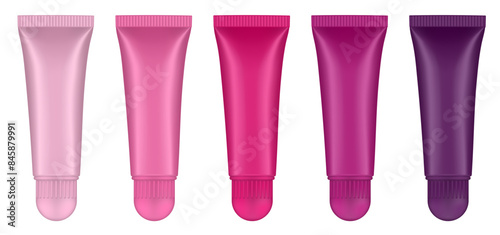 Set of lip gloss tubed. Lip, eye cream, serum. Cosmetic product container mockup. Pink, magenta, cherry and purple bottles with round cap	
