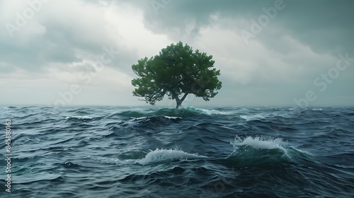 The concept of resilience portrayed by a lone tree standing tall amidst a stormy sea