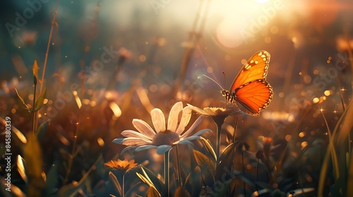 The concept of serendipity illustrated by a chance encounter between a butterfly and a flower in a sunlit meadow