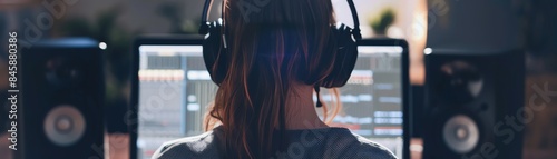 Person wearing headphones, working at a computer with audio editing software, with studio monitors in the background.