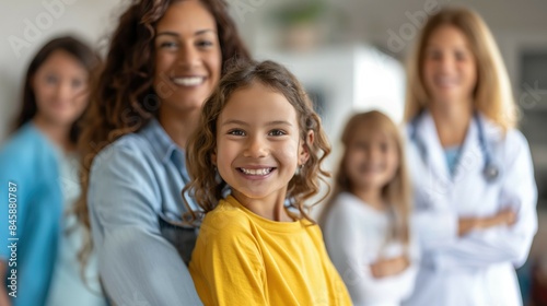 Close up photo of a cheerful smiling little elementary school child girl with family in pediatric clinic