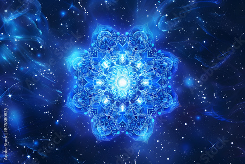 A radiant blue mandala with intricate patterns glows against a cosmic background filled with stars.