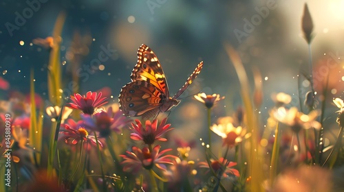 The concept of serendipity illustrated by a chance encounter between a butterfly and a flower in a sunlit meadow