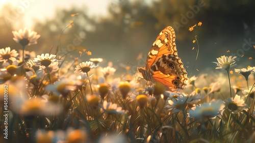 The concept of serendipity illustrated by a chance encounter between a butterfly and a flower in a sunlit meadow