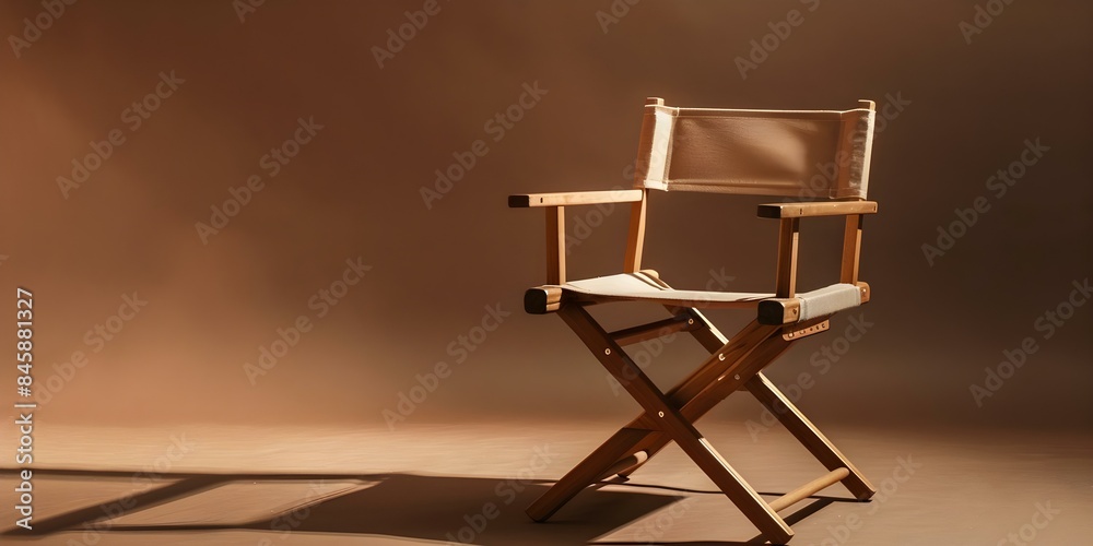 Modern Design Director's Chair with Wooden Frame on Brown Background. Concept Furniture, Design, Director's Chair, Modern, Wooden Frame, Brown Background Modern Design Director's Chair with Wooden Frame on Brown Background. Concept Furniture, Design, Director's Chair, Modern, Wooden Frame, Brown Background