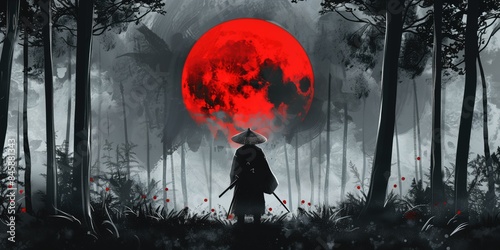 Samurai standing backwards in a night grey forest with a big red moon in the backgroundAI illustration art style painting photo