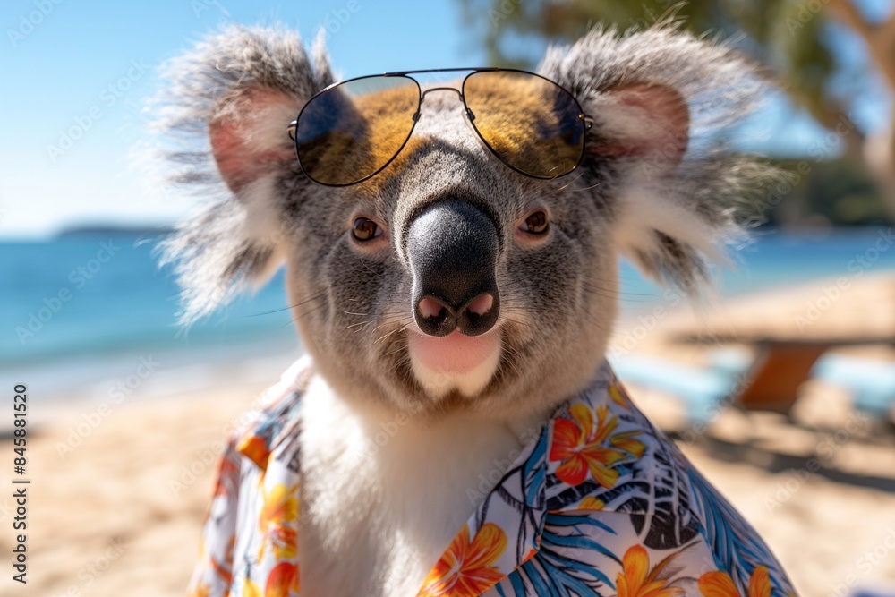 Fototapeta premium A close-up portrait photo of a cute fashionable koala wearing sunglasses and a Hawaiian shirt, with a beach in the background. Vacation concept.