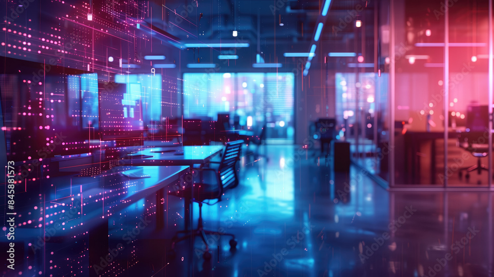 Modern neon cyberpunk open space office interior blurred with information technology overlay. Corporate strategy for finance, operations, marketing Modern neon cyberpunk open space office interior blurred with information technology overlay. Corporate strategy for finance, operations, marketing