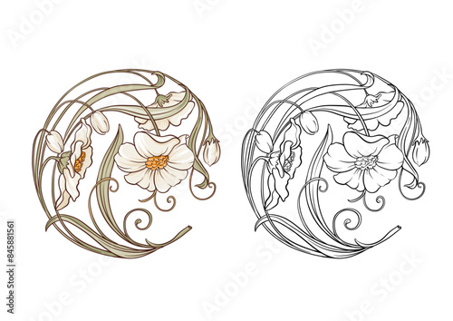 Decorative flowers and leaves in art nouveau style, vintage, old, retro style. Clip art, set of elements for design Vector illustration. In art nouveau style, vintage, old, retro style.