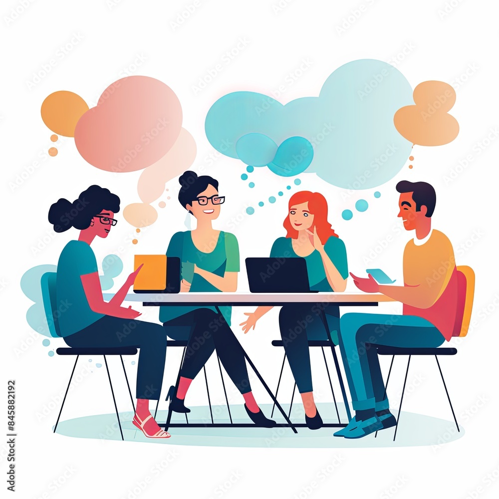 flat vector style illustration, a diverse group of people talking and collaborating, on white background flat vector style illustration, a diverse group of people talking and collaborating, on white background