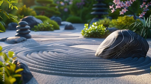 The concept of serenity portrayed through a tranquil Zen garden with raked sand and smooth stones
