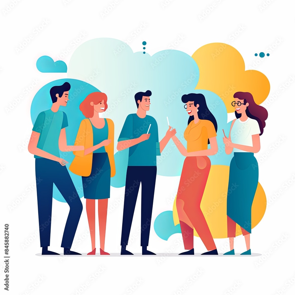 flat vector style illustration, a diverse group of people talking and collaborating, on white background flat vector style illustration, a diverse group of people talking and collaborating, on white background