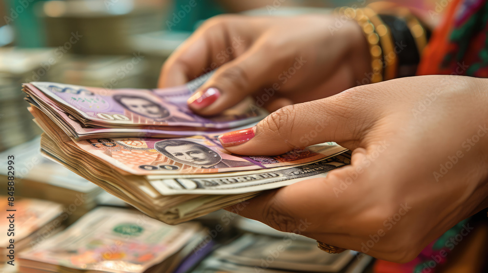 A close-up of hands exchanging currency notes, symbolizing financial transactions A close-up of hands exchanging currency notes, symbolizing financial transactions