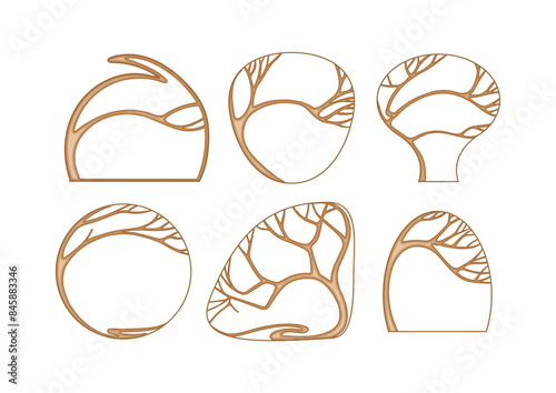 Tree with branch Clip art, set of elements for design Border, frame, template for menu page, product label, cosmetic packaging. Vector illustration. In art nouveau style, vintage, old, retro style.