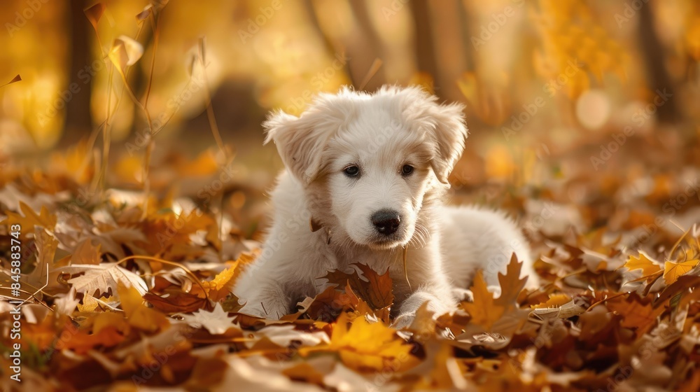 Puppy of the Maremma Sheepdog Playing in Autumn Foliage