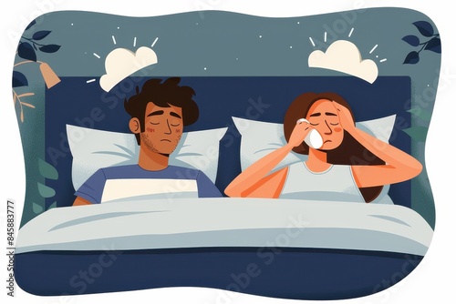 An illustrated couple lies in bed, one appears to be snoring while the other is frustrated, highlighting sleep disturbances