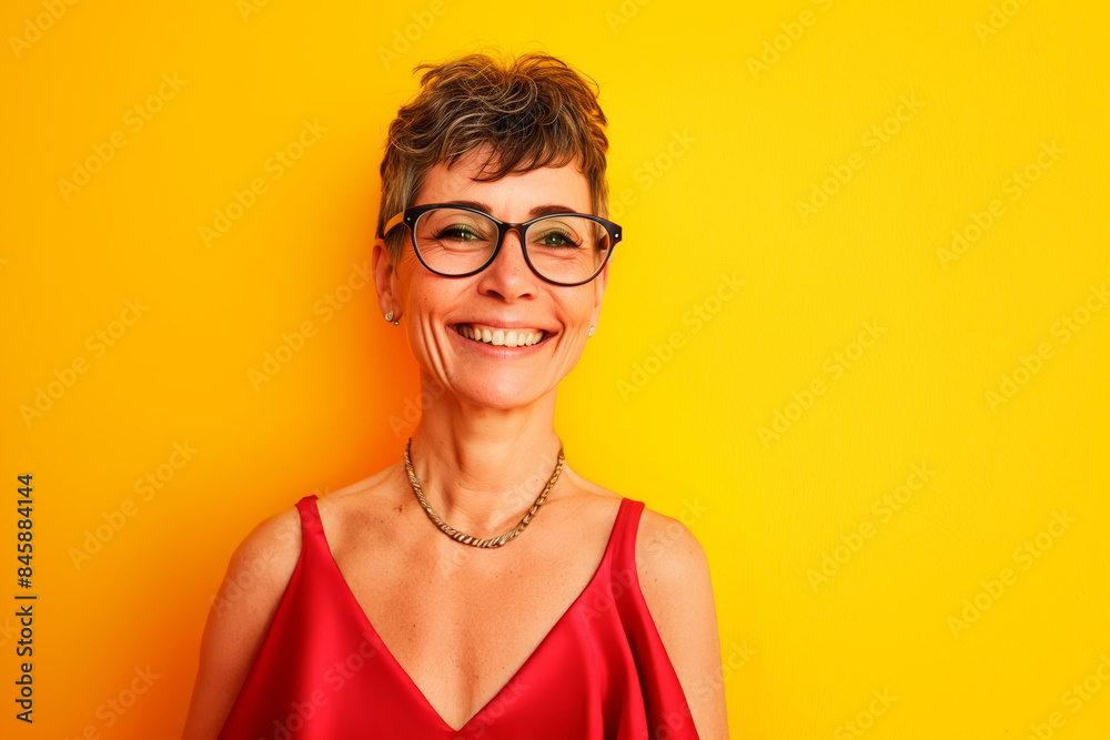 Portrait of a joyful middle-aged woman with short hair and glasses, wearing a red dress and smiling brightly against a vibrant yellow background