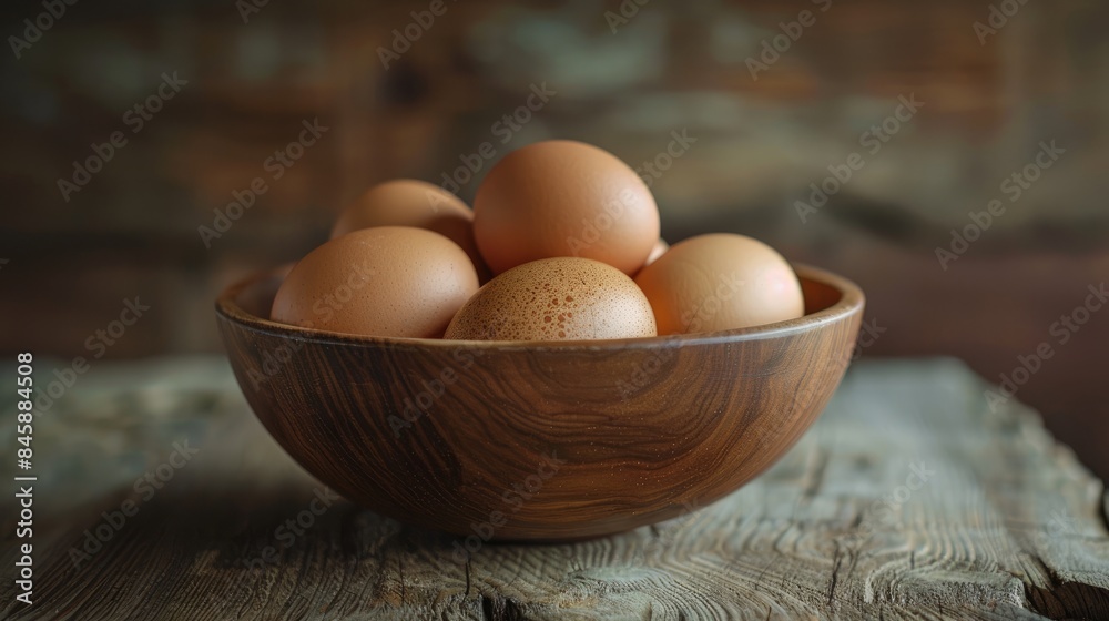 Eggs of chickens presented in a wooden bowl on a vintage oak surface Eggs of chickens presented in a wooden bowl on a vintage oak surface