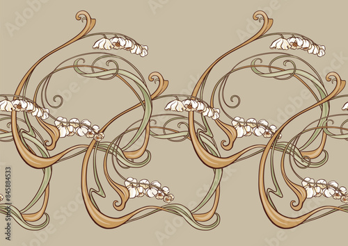 Decorative flowers and leaves in art nouveau style, vintage, old, retro style. Seamless pattern, background. Vector illustration. In art nouveau style, vintage, old, retro style.