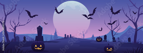 Halloween pumpkins, bats, a cemetery and scary trees against the backdrop of a creepy big moon. Holiday flyer, poster or banner. Halloween vector illustration for print and design.
