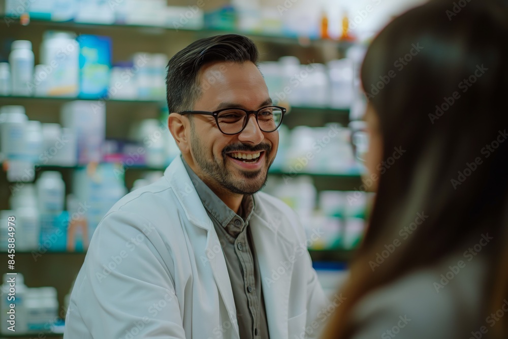 The pharmacist advises the client at the pharmacy The pharmacist advises the client at the pharmacy