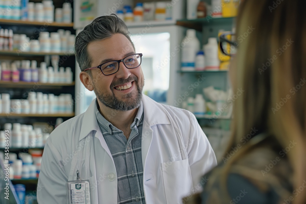The pharmacist advises the client at the pharmacy The pharmacist advises the client at the pharmacy