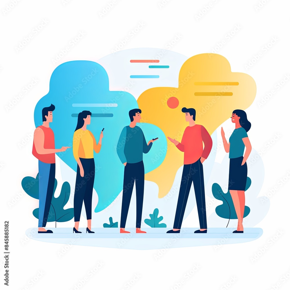 flat vector style illustration, a diverse group of people talking and collaborating, on white background flat vector style illustration, a diverse group of people talking and collaborating, on white background