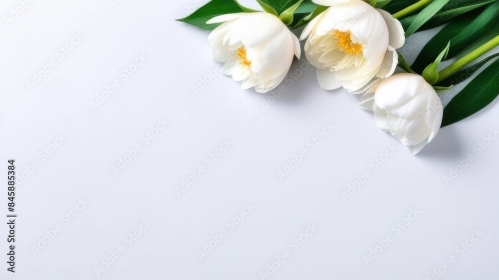 White peonies on solid grey background flat lay top view, wedding template, copy space, botanical floral romantic design flowers White peonies on solid grey background flat lay top view, wedding template, copy space, botanical floral romantic design flowers