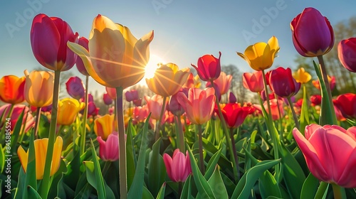 A vibrant field of tulips in full bloom  their brightly colored petals creating a riot of color beneath the springtime sun.