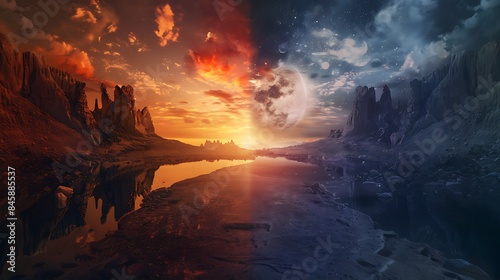 The duality of light and darkness portrayed through a split landscape of day and night
