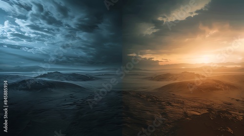 The duality of light and darkness portrayed through a split landscape of day and night