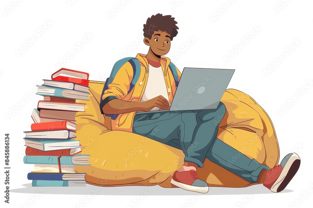 An illustration of a young person focused on a laptop with stacks of books nearby, signifying study or work An illustration of a young person focused on a laptop with stacks of books nearby, signifying study or work