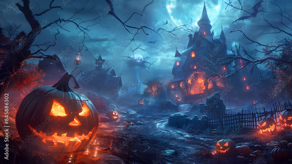 Beautiful festive background for Halloween with pumpkins and fog. AI Generated Beautiful festive background for Halloween with pumpkins and fog. AI Generated