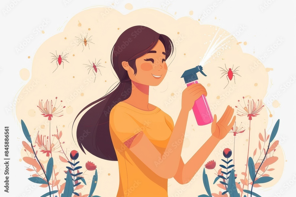 A whimsical illustration depicts a woman using a spray bottle on blooming plants, amidst flying dandelions A whimsical illustration depicts a woman using a spray bottle on blooming plants, amidst flying dandelions