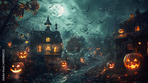 Beautiful festive background for Halloween with pumpkins and fog. AI Generated © Dmytro