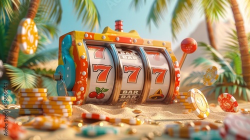 Colorful Slot Machine with Winning Sevens on Tropical Beach, Casino and Gambling Concept
