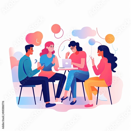 flat vector style illustration, a diverse group of people talking and collaborating, on white background 