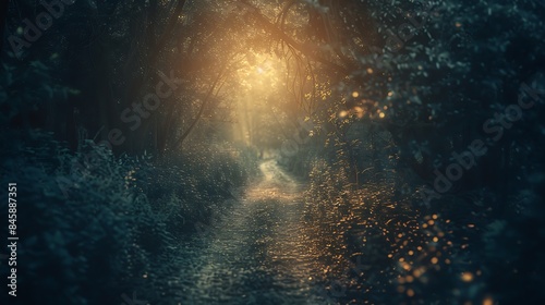 The journey of self-discovery shown through a winding path leading into a mysterious forest photo