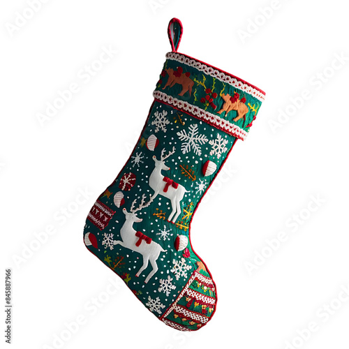 A green Christmas stocking with two deer on it photo