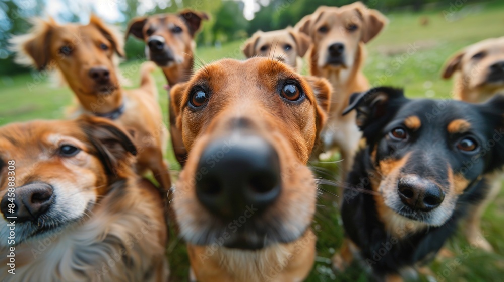 Wide angle view of dogs looking at camera outdoor Wide angle view of dogs looking at camera outdoor
