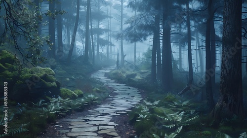 The journey of self-discovery shown through a winding path leading into a mysterious forest