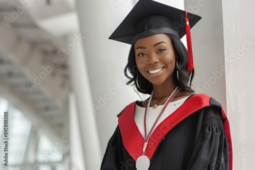 A portrait of a happy young african woman wearing a graduation cap and gown, celebrating her academic achievement