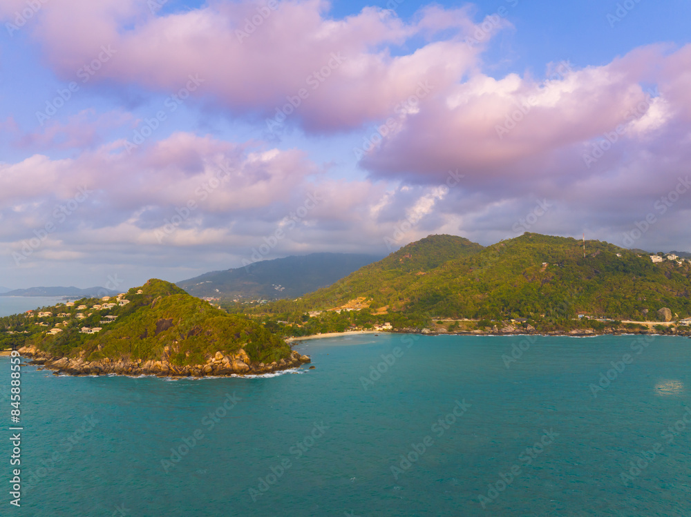 Fototapeta premium Tropical Beach. Sandy beach with palm and turquoise sea. Summer vacation and tropical beach concept.