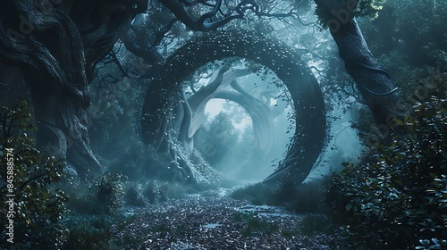 The journey of self-discovery shown through a winding path leading into a mysterious forest
