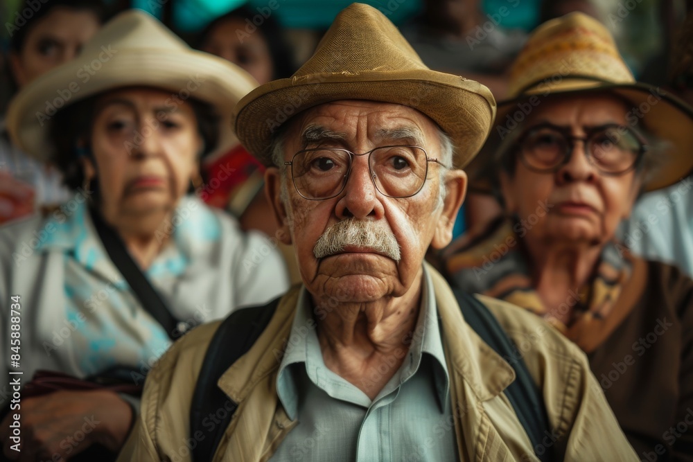 Old man in a hat and glasses with his family in the background Old man in a hat and glasses with his family in the background