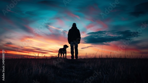 Sunset dusk silhouette of dog with family in outdoor park © rabbit75_fot